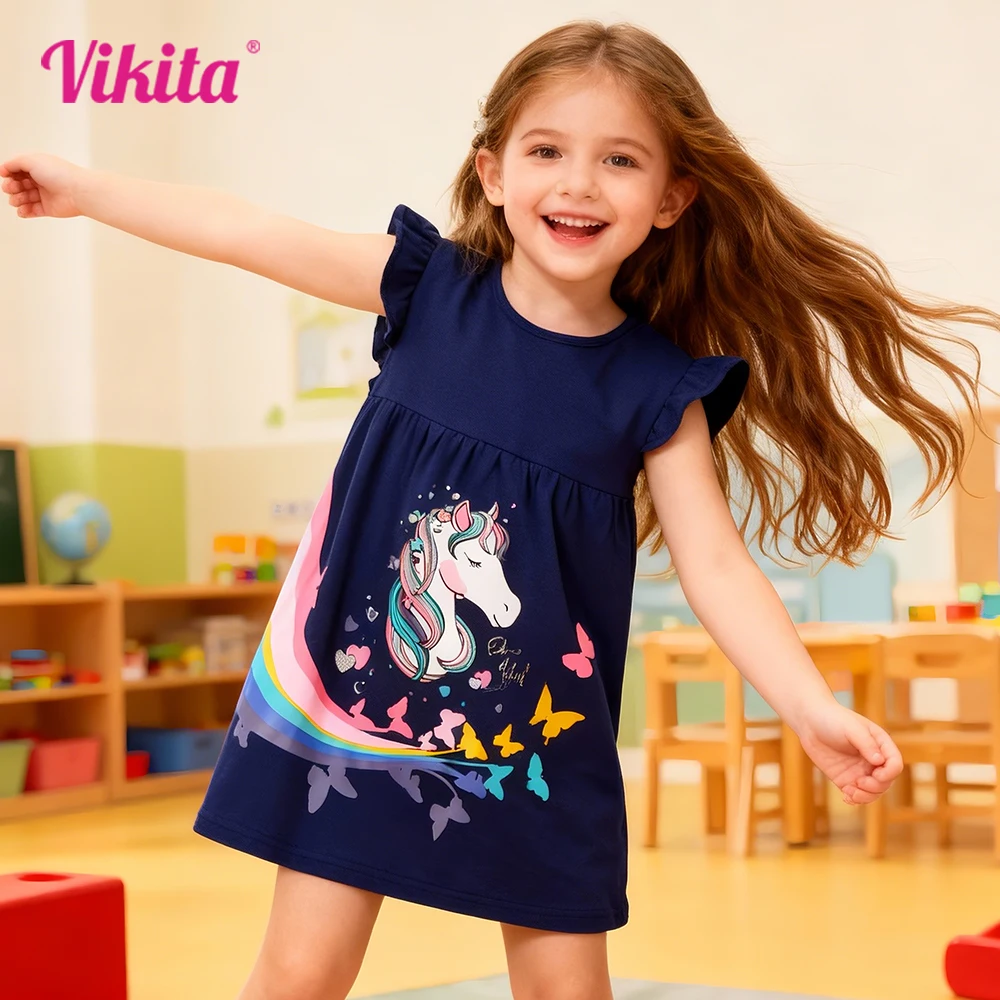 Girls Navy Blue Unicorn Rainbow Butterfly Print Flare Sleeve Summer Dress Kids Casual Kindergarten School Daily Straight Dress