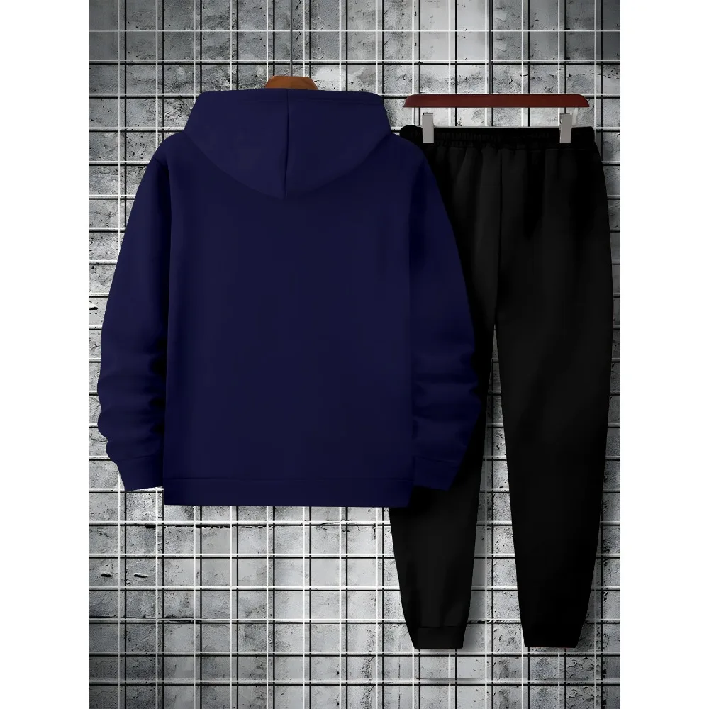 ملابس رياضية كاجوال للرجال في فصل الشتاء - سترة بقلنسوة متينة وسميكة مع مجموعة سراويل ضيقة دافئة