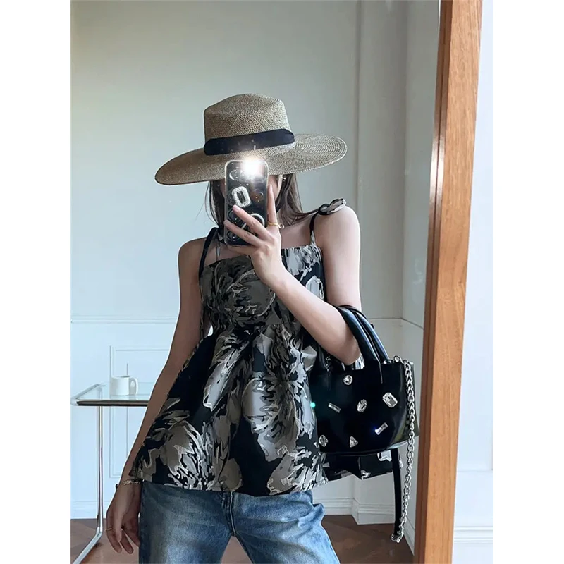 Vintage Cropped Print Tank Top Women Y2K Sexy Off Shoulder Camis Summer Harajuku Streetwear Bow Lace Up Puffy Suspender Tops New