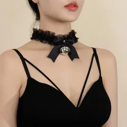 Sexy Bow Lacee Bells Necklace Choker Collarbone Neck for Women Jewelry Accessories Soft Girl Neck Strap Cosplay Maid Collar