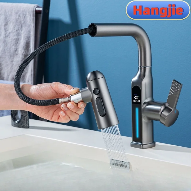 Bathroom faucet, no need to plug in power, temperature display, five water outlet modes pull-out, basin faucet