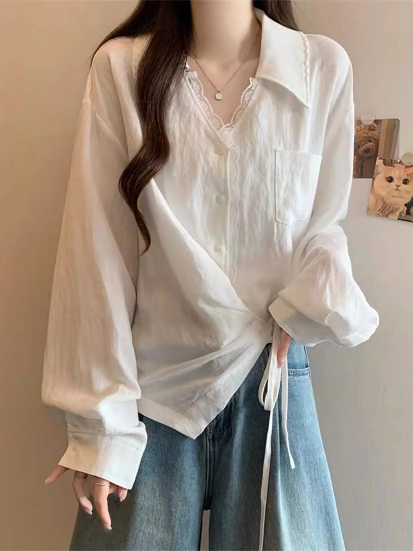 

Unique Lace Splice V-Ne Long Sve irt Women's plus Size Casual Sle Spring Faion White Slimming Asymmetrical Top