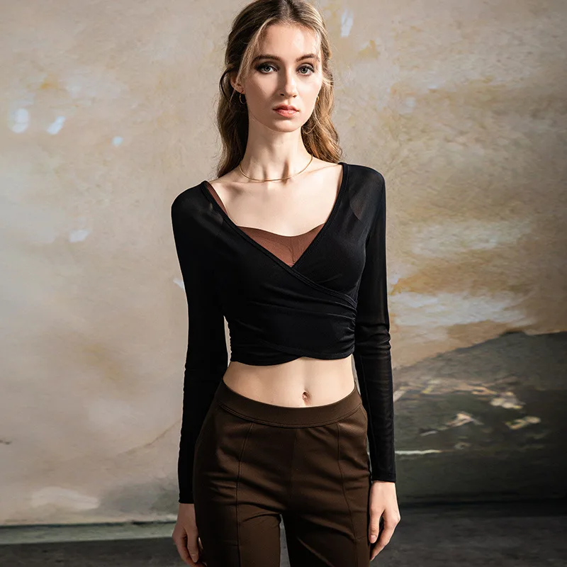 

New 2025 Women's Mesh Top Black T-Shirt Women's Sexy Crop Top Casual Lining