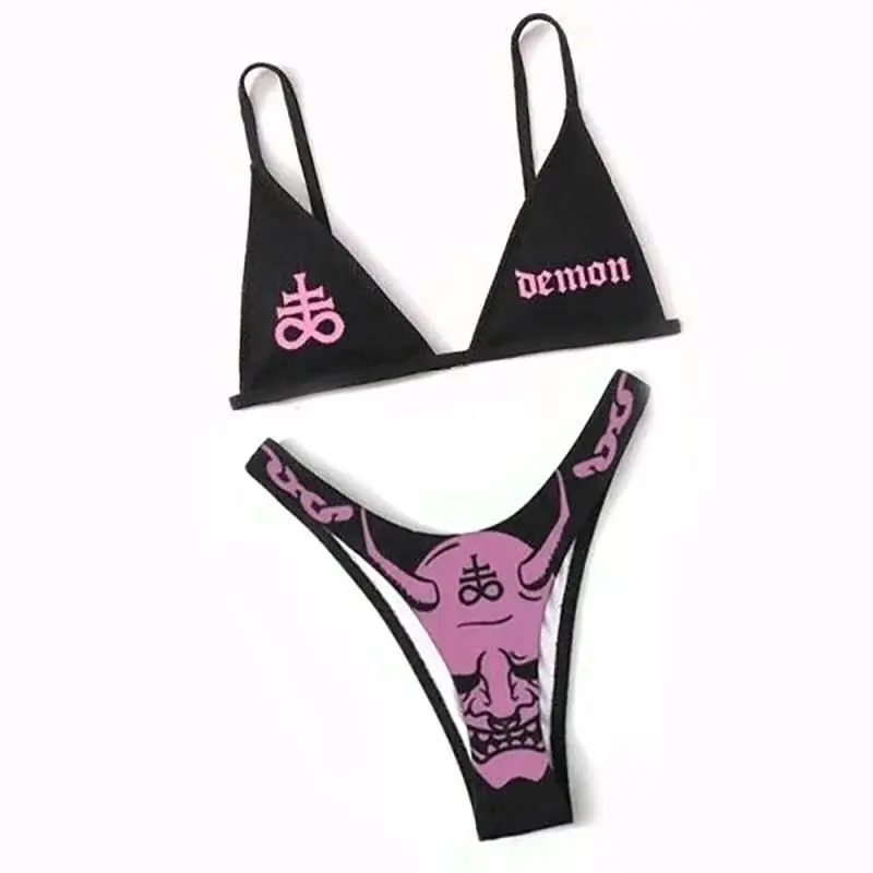 Sexy Goth Bikini 2023 Women Letters Skull Print Swimsuit Split Bathing Suit High Waist Gothic Bikinis Sets Beach Outfits