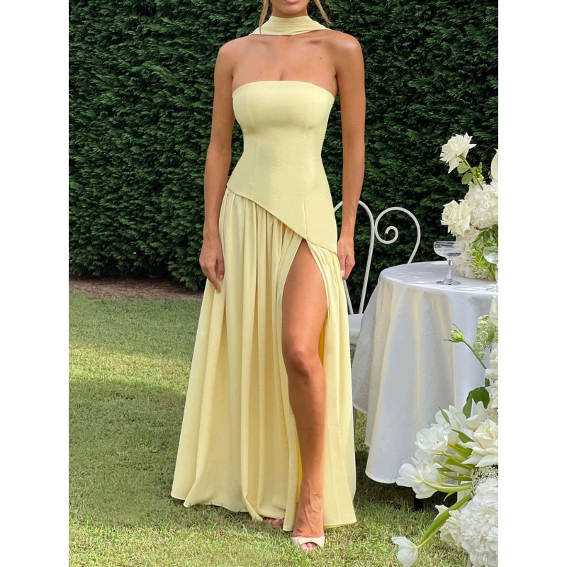 European and American sexy diagonal splicing slit dress with pleated strapless ribbon hanging neck long dress