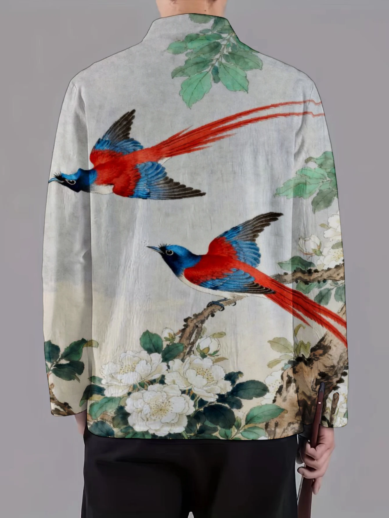 Men Mandarin Collar Frog Button Long Sleeve Jacket Traditional Chinese Bird Landscape Art Print Oriental Casual Outerwear