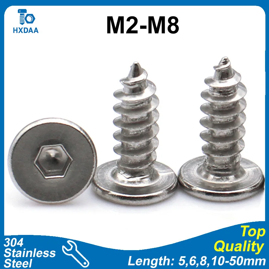 5-50pcs 304 Stainless Steel Hex Socket Self Tapping Screws Ultra Thin Flat Round Head Self Drilling Screw M2 M2.6 M3 M4 M5 M6 M8