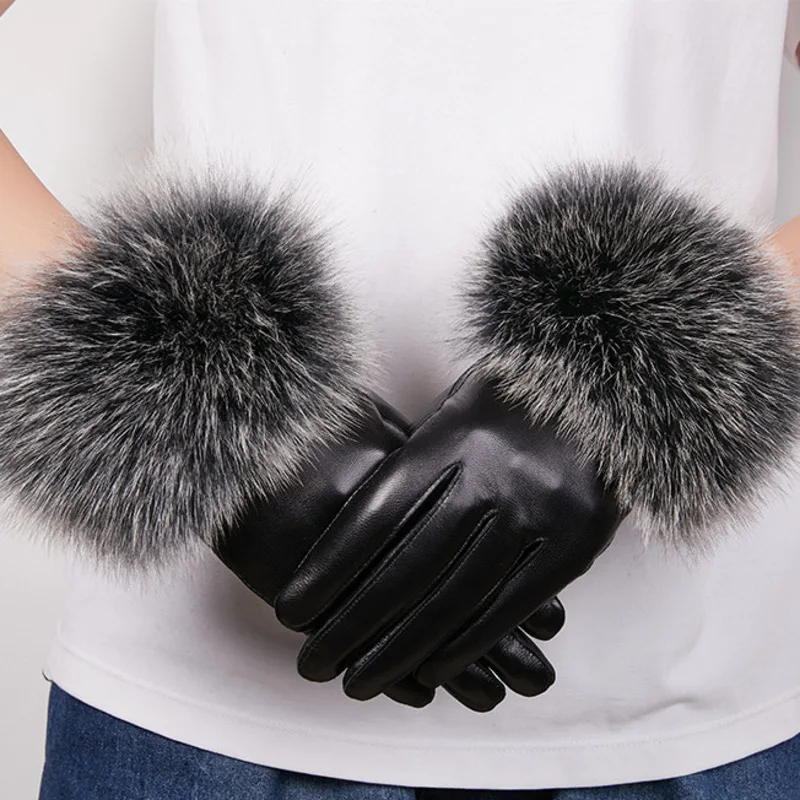 Neue Touchscreen-Leder handschuhe für Frauen Herbst Winter warm Anti-Rutsch-Fahren große Fuchs haar Schaffell handschuhe