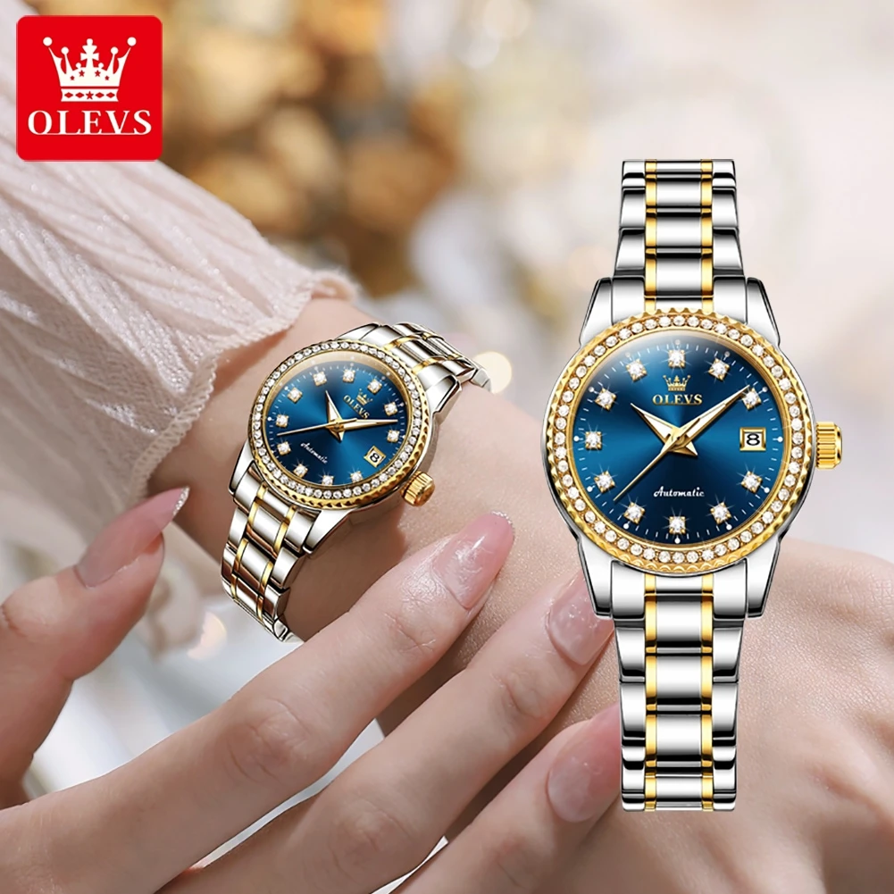 OLEVS Brand Luxury Diamond Dial Mechanical Watch for Women Stainless Steel Strap Waterproof Luminous Date Fashion Women Watches