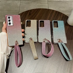 Plating Gradient Wrist Strap Phone Case For Honor Magic V2 VS2 Glitter Powder Protective PC Hard Shell Protection Cover