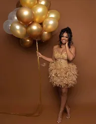 Gold Sparkly Rhinestone Cocktail Dresses Luxury Beaded Feather Short Prom Birthday Party Gown Special Occasions Customized