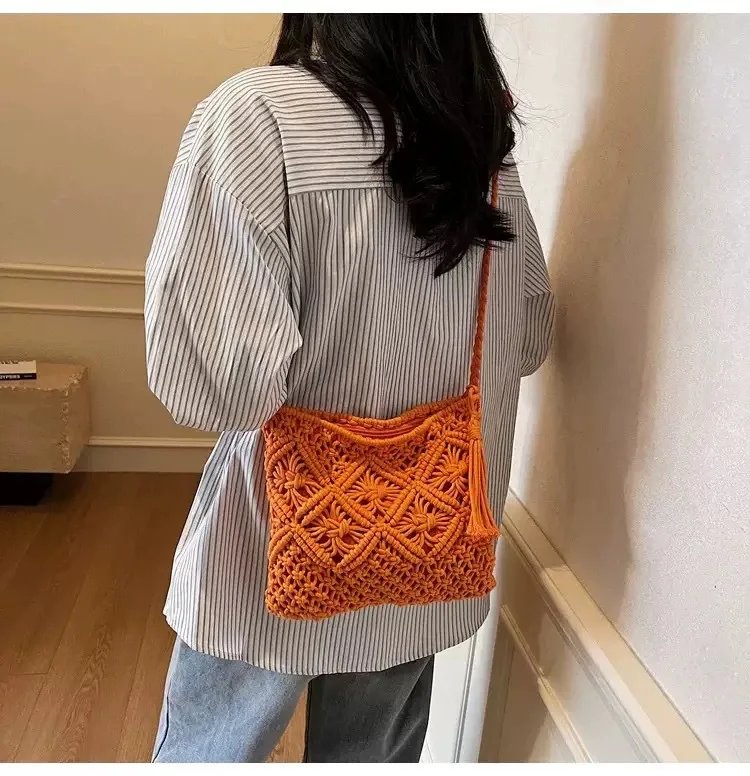

Retro Fringe Faux Straw Handbag Simple Summer Beach Bag Shoulder Woven Casual Bag Accessory for Women