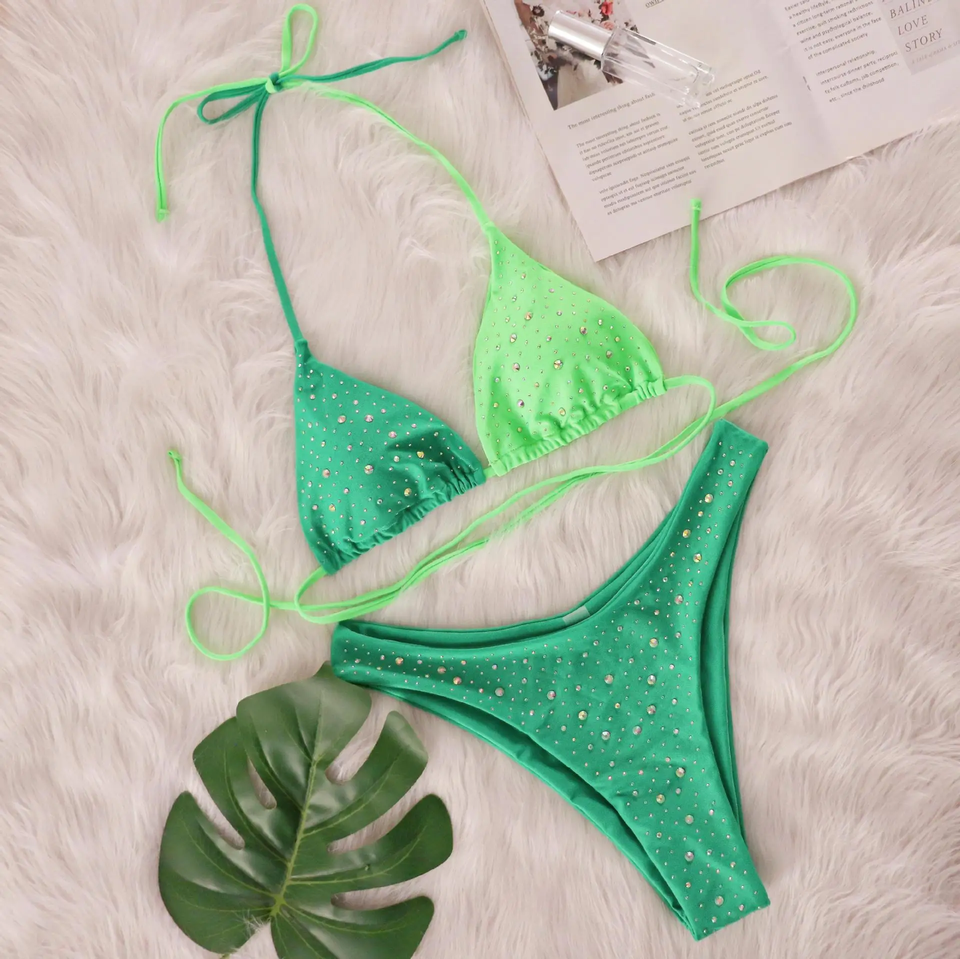 Splicing Halter Diamond Rhinestones Bikini Female Swimsuit Women Swimwear Two-piece Bikini set Bather Bathing Suit Swim