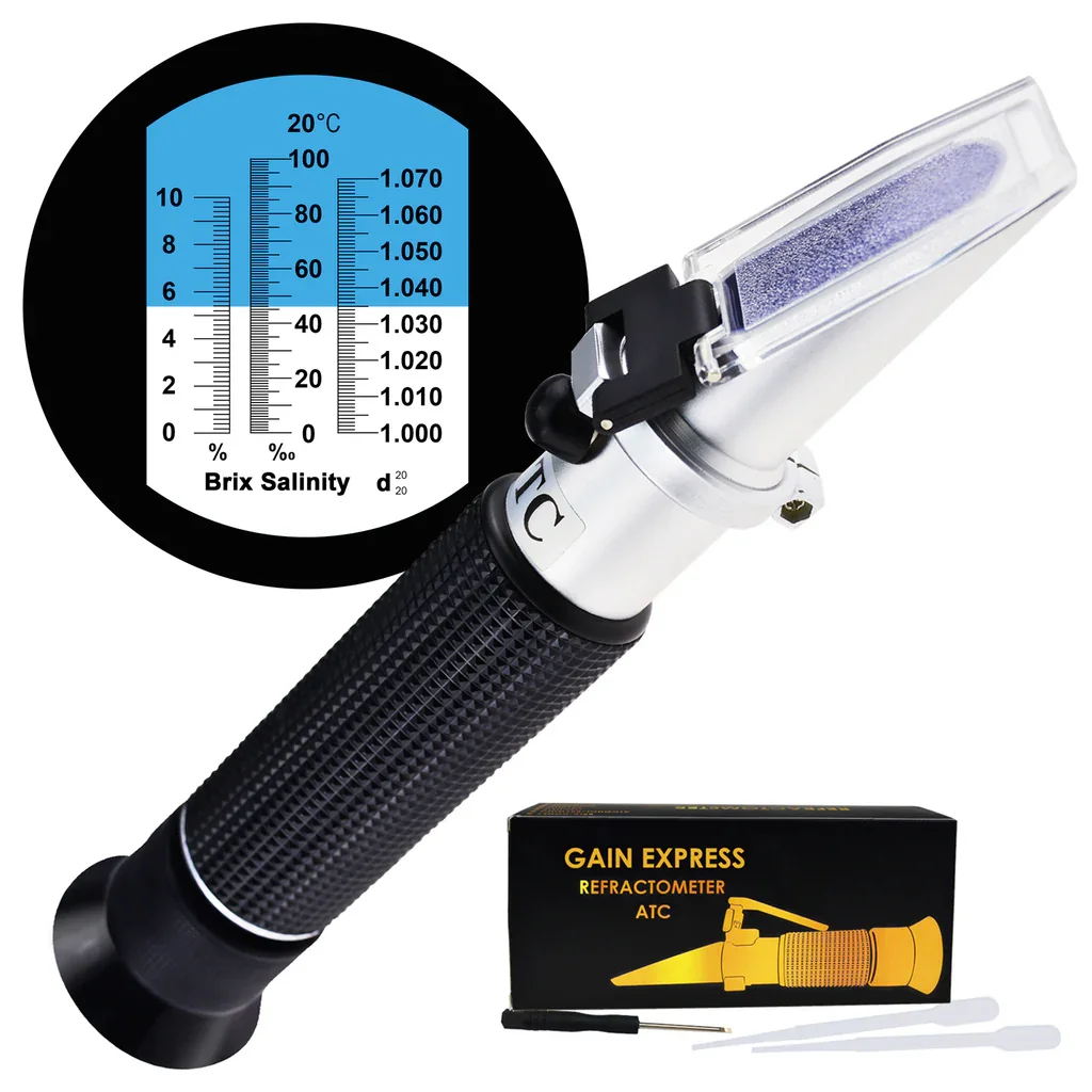 Tri-Scale Refractometer with ATC for Brix 0-10%, Salinity 0-100PPT, and Specific Gravity 1.00-1.070 for Saltwater Marine Use