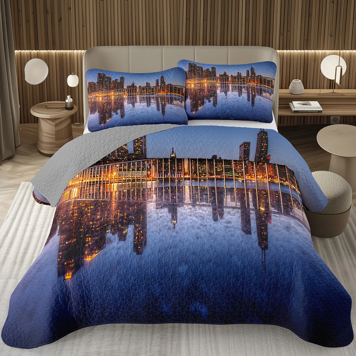 

City Landscape Quilted Bedspread Set Cityscape Artwork Queen Bedding Set Colorful River Business District Coverlet For Girls Man