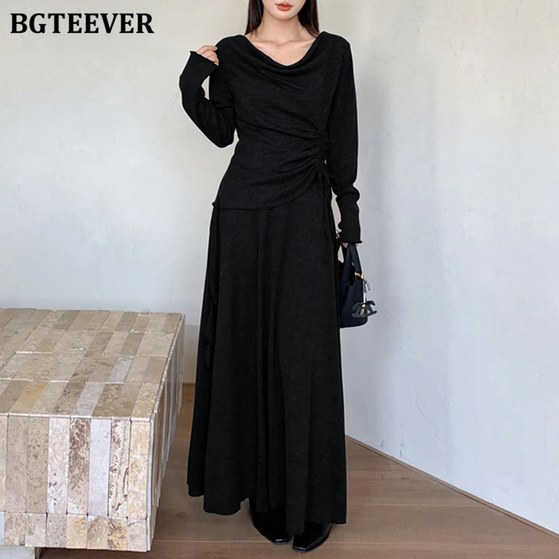 BGTEEVER Autumn Winter Elegant Ladies 2 Pieces Skirt Set Long Sleeve Slash Neck Sweaters & A-line Skirts Women Knitted Outfits