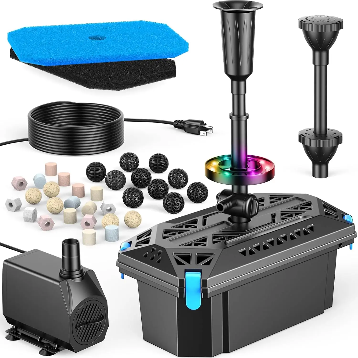 

Фильтр для пруда 660GPH с RGB LED-подсветкой, насосом 40 Вт и 3-ступенчатой фильтрацией для уличных прудов, фонтанов и аквариумов