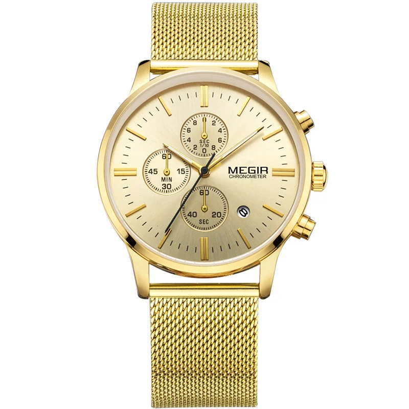 MEGIR 2011 casual chronograph military water resistant quartz watch luminous stainless steel mesh band canvas strap wristwatch f