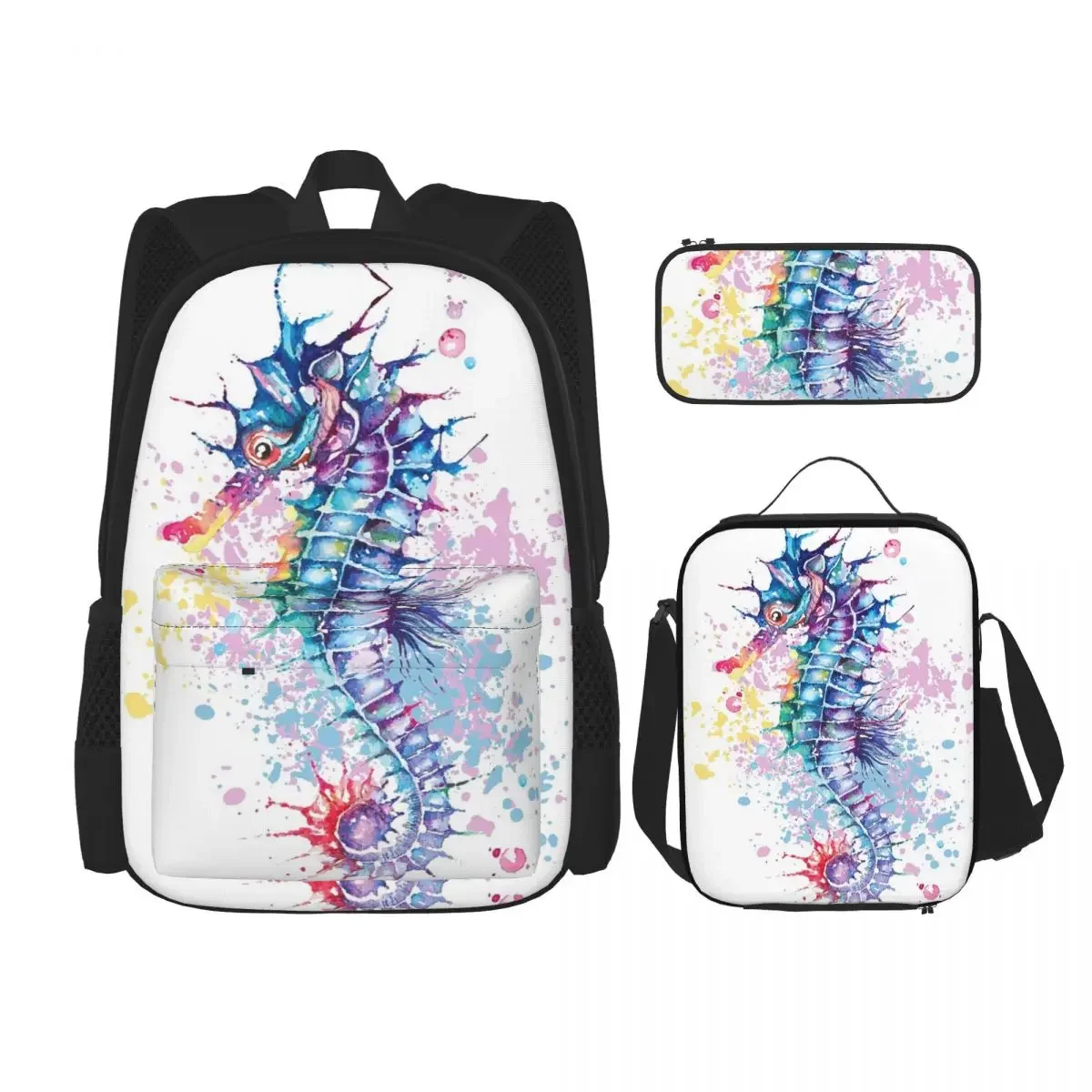 Watercolour Artwork Of Sea Horse Backpacks Bookbag Children School Bags Cartoon Kids Rucksack Lunch Bag Pen Bag Three-Piece Set