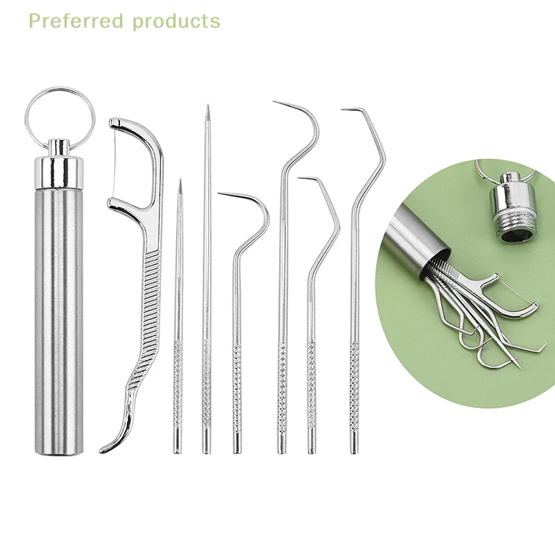 Mundhygiene-Toolkit mit sieben Zahnstochern aus Edelstahl, Zahnseide-Picks und Zahnfleckenentferner