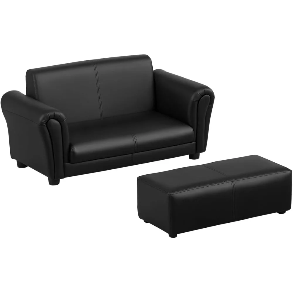 qaba kids sofa with footstool for children, toddler couch for playroom, nursery, living room, bedroom furniture, black