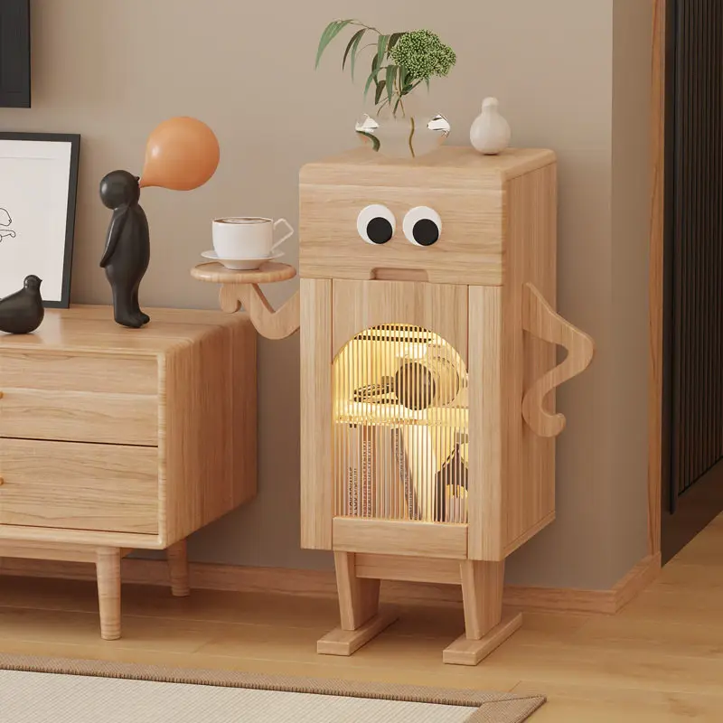 Robot Shaped Modern Solid Wood Nightstand With LED Lighting And Storage For Bedroom & Living Room