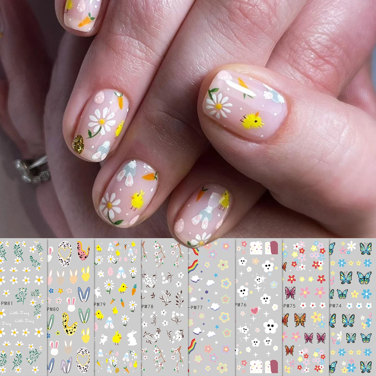 Bunte Cartoon-Blumen-Nagelaufkleber – verspielte, niedliche Nagelaufkleber mit Gänseblümchen, Hasen, Schmetterlingen und Regenbogen – für den Frühling/Sommer.