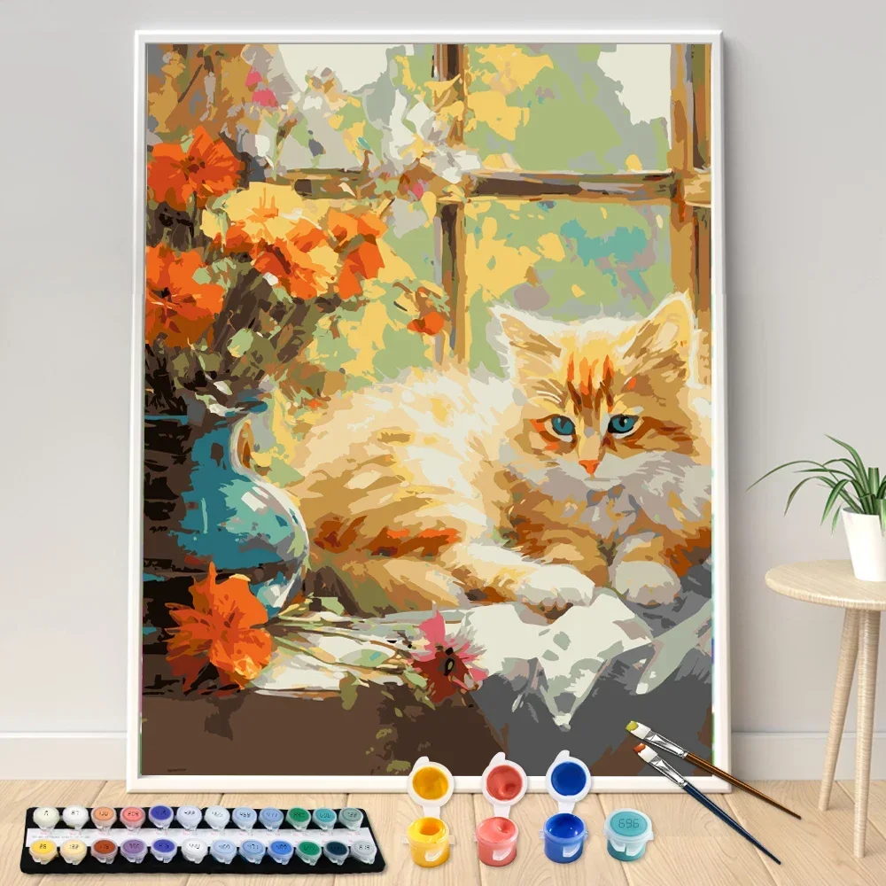 

607045 Orange Cat In Front Of the Windowsill Acrylic Painting by Numbers DIY Acrylic Canvas Art Gift Home Dropshipping Kit