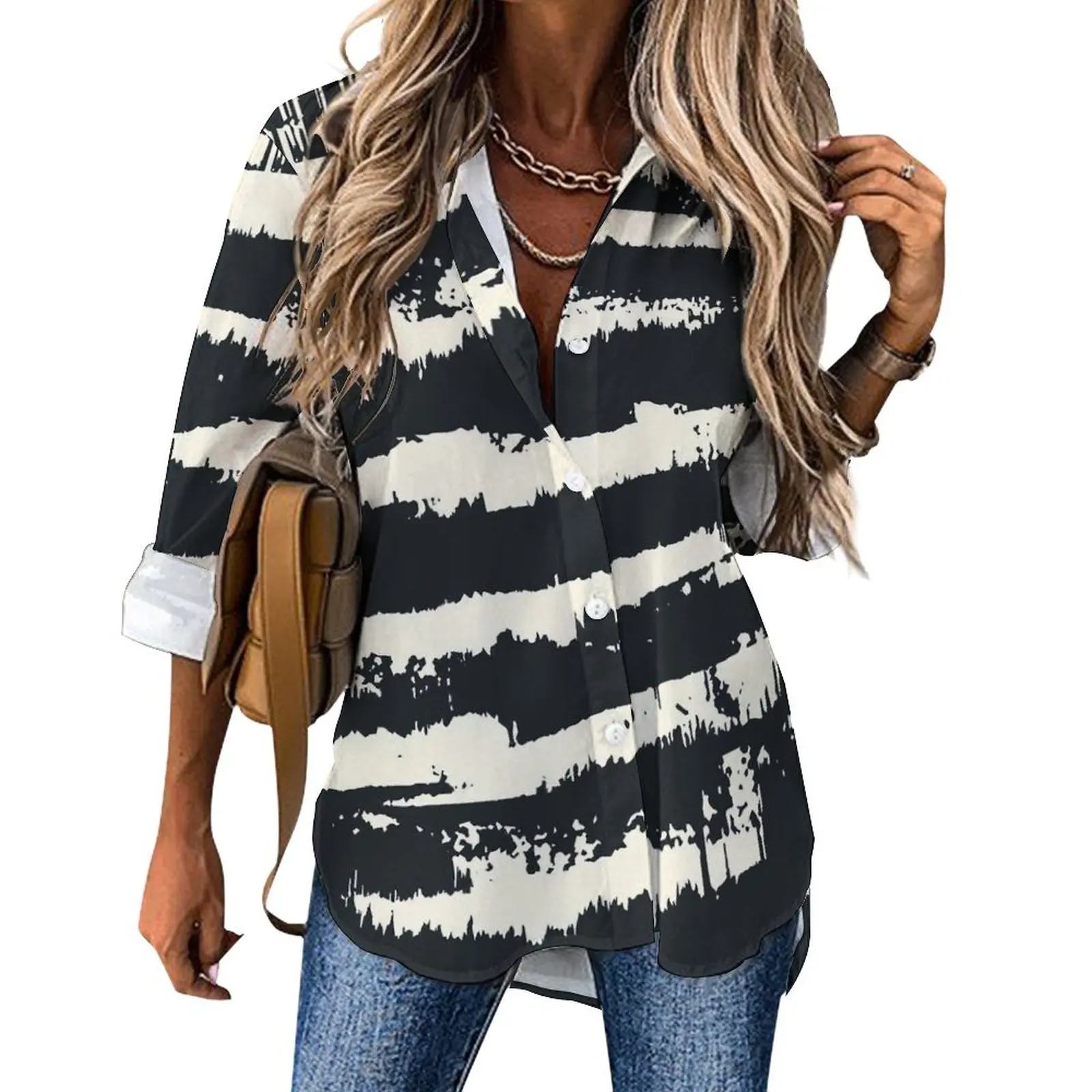 

Black Tie Dye Print Blouse Womens Abstract Striped Streetwear Loose Blouses Autumn Long Sleeve Trendy Shirt Clothes Large Size