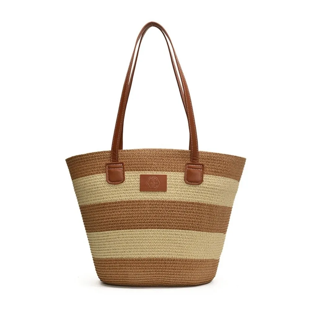 

Большая вместительная полосатая тканая сумка-тоут, легкая соломенная сумка контрастного цвета для покупок, кожаная сумка подмышками, летняя пляжная сумка