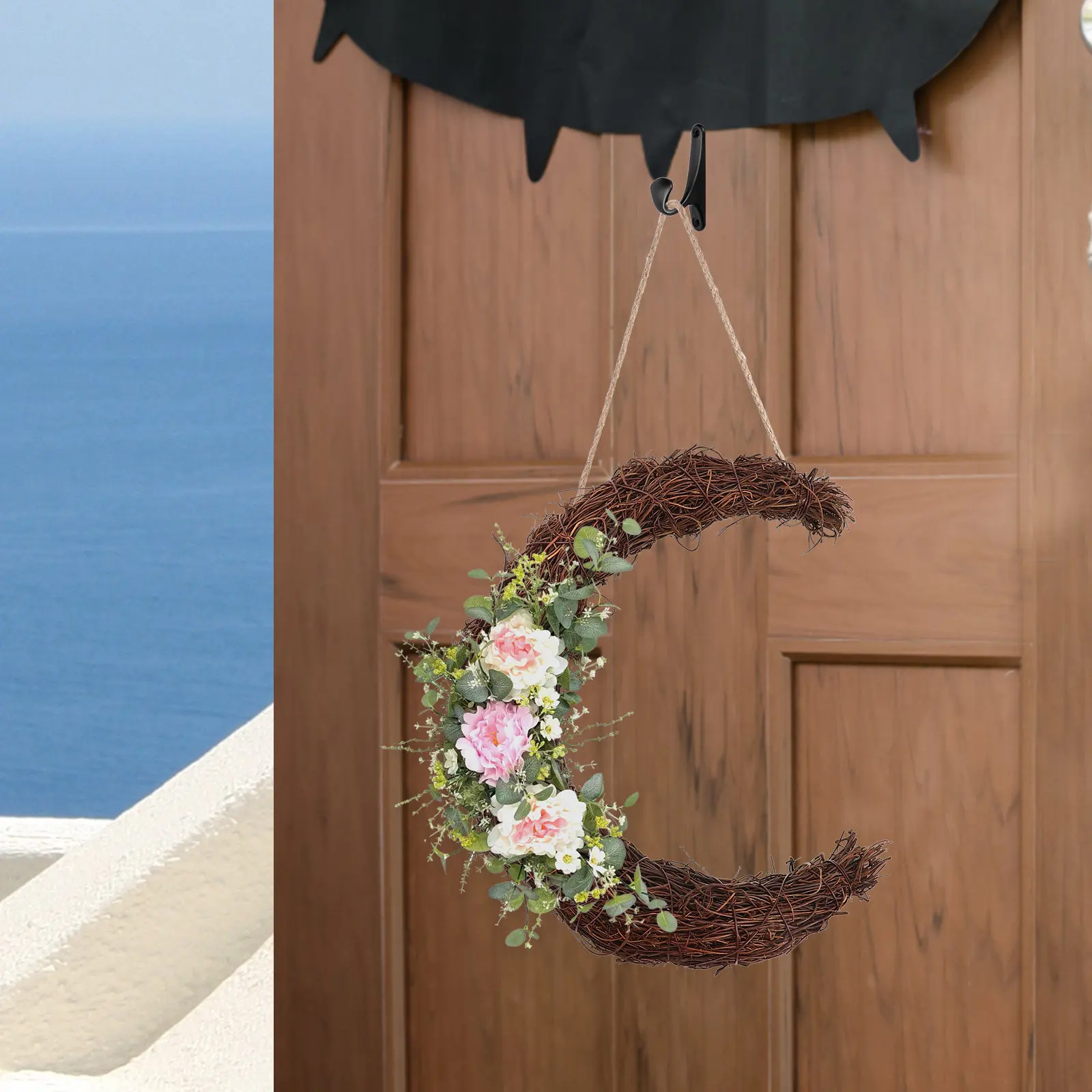 2Pcs Moon Wreath Rattan Grapevine Twig Frame Rustic DIY Floral Garland Front Door Wall Hanging Decoration Vine Wreath - view 2