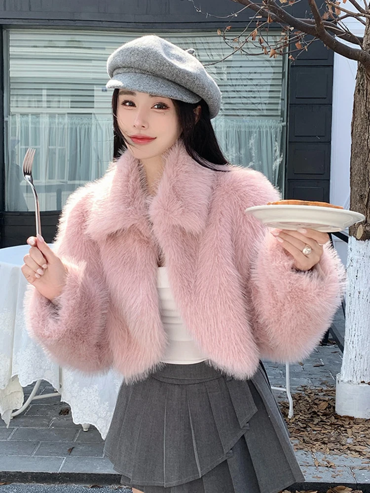 Zoki Winter Cropped Faux Fox Jackets Women Sexy Slim Long Sleeve Short Coat Casual Korean Fashion Female Design Elegant Tops New