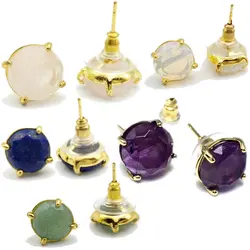 Natural Stone Stud Earrings Round Pink Crystal Quartz Gem Beads Gold-Color Simple Earring for Women Girl Charm Jewelry