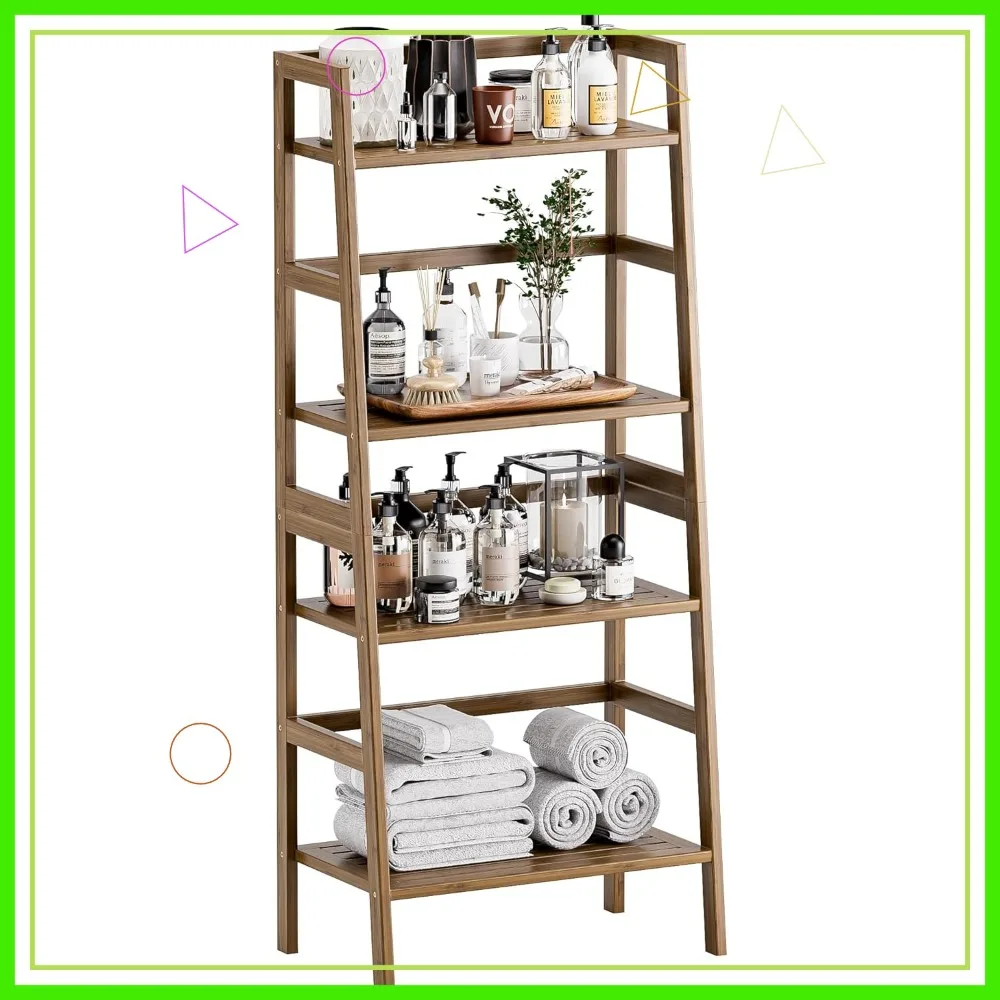 

4-Tier Bamboo Ladder Shelf, Freestanding Storage Rack, Space Saving Display Stand for Living Room Bathroom