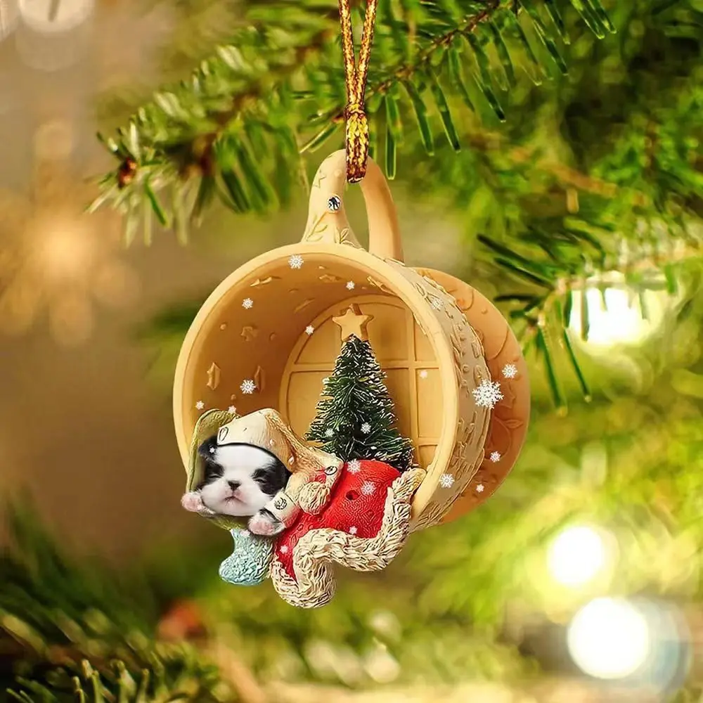 2D Christmas Car Pendant Yellow Acrylic Tea Cup Dog Car Pendant Teacup Dog Hanging Car Hanging Charm Ornaments Festival Decor