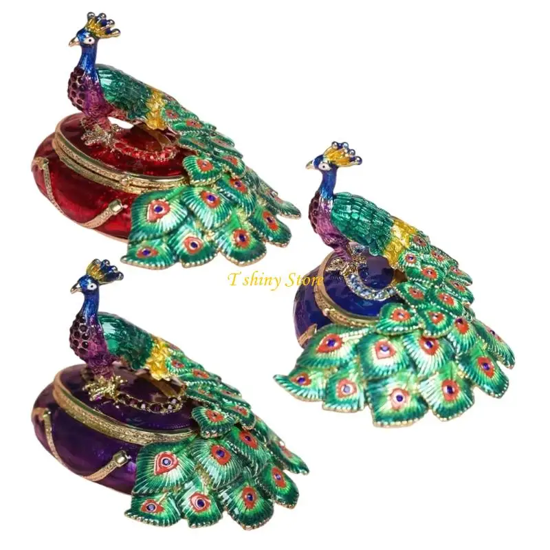 

N58F Легкая коробка для хранения ювелирных изделий из сплава с расписанными вручную эмалированными павлинами для художественной