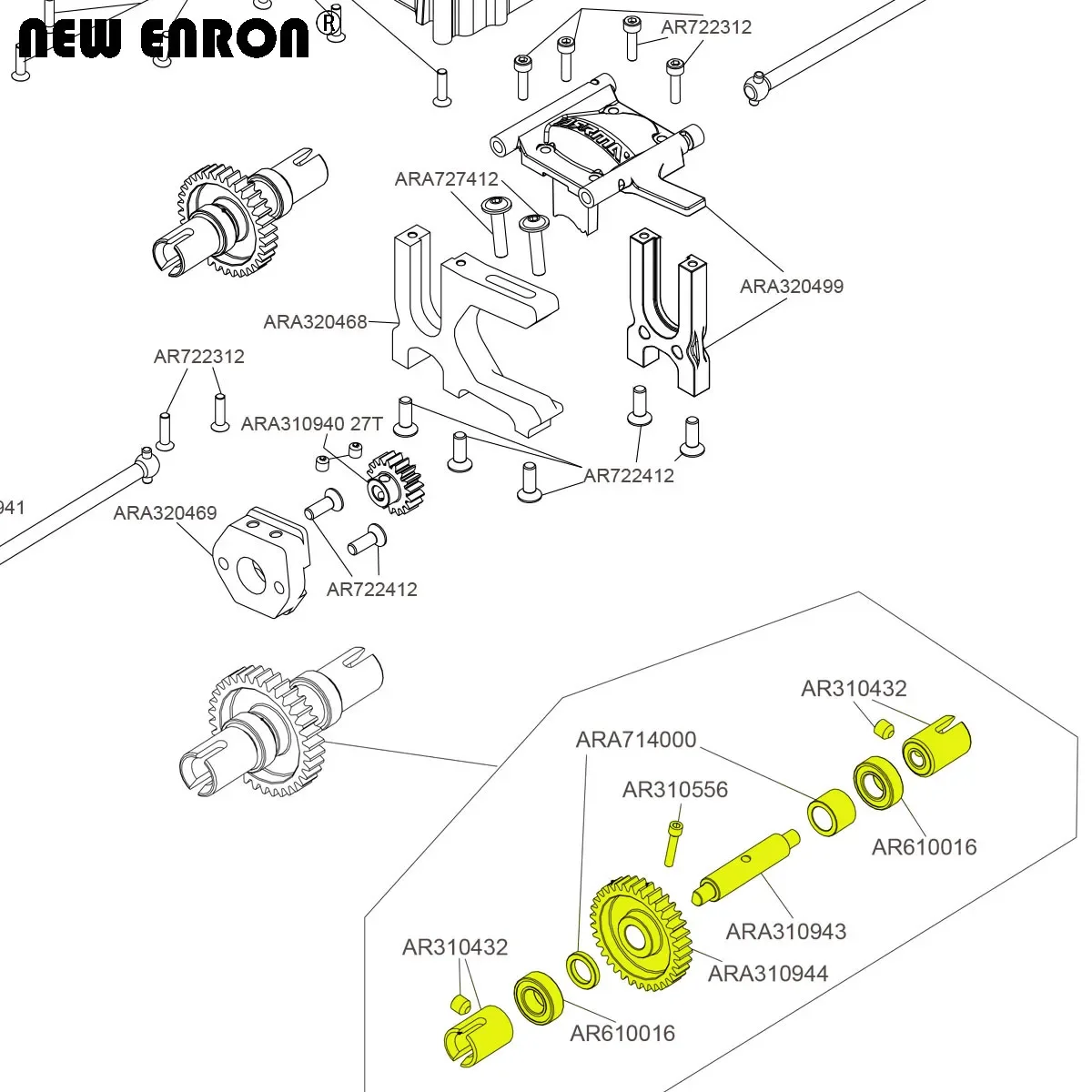 エンロン34t/35t/37t/39tセンターデフスチールギア、ar310432、ar610016、ara310944、ara310943、ara714000、ar310556、arrma 1/7重労働者、新品