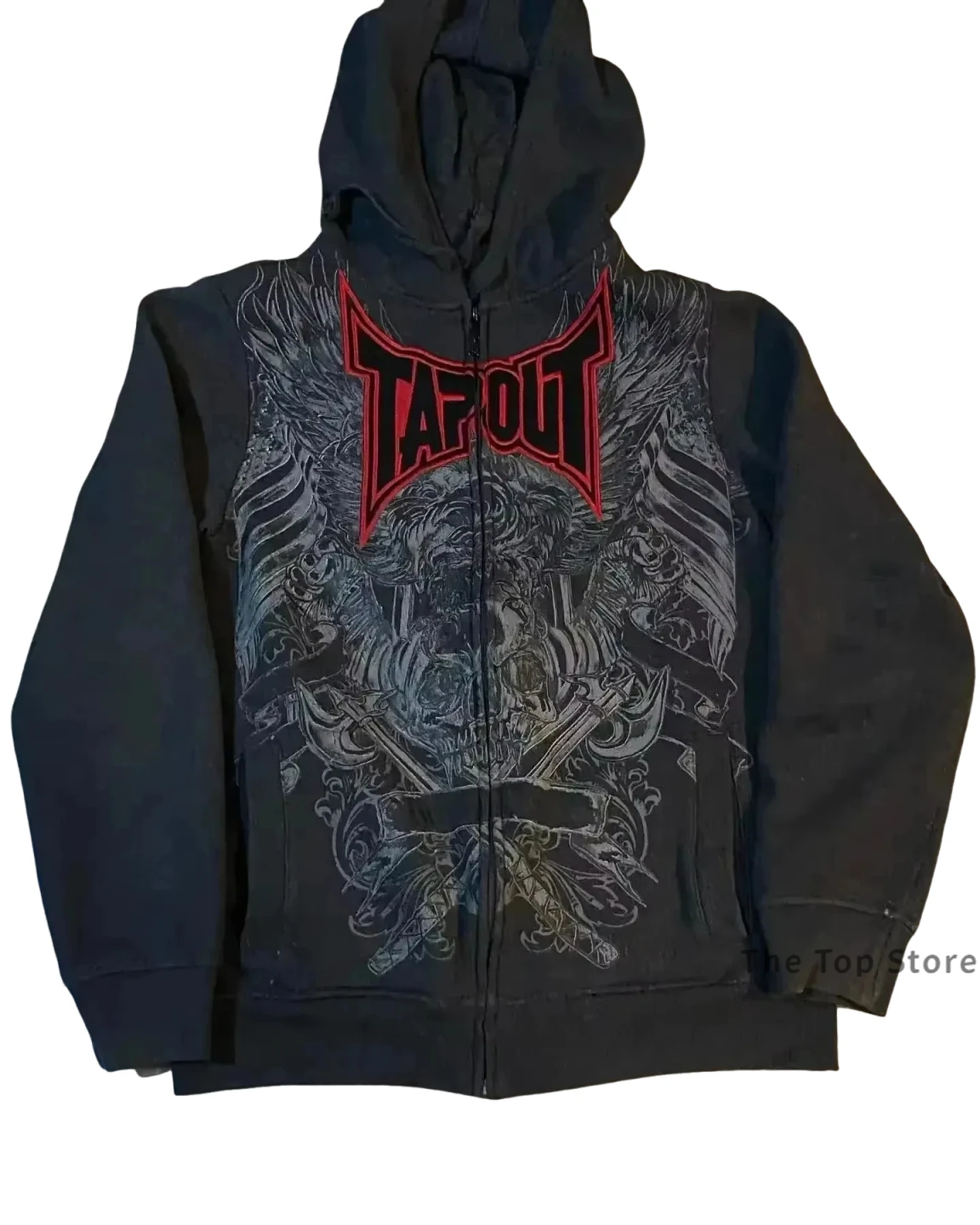

Hip Hop Letter Retro Graphic Embroidery Hoodie Jacket 2000s American Tapout Zipper Hoodie Sweatshirt Men Clothes Streetwear