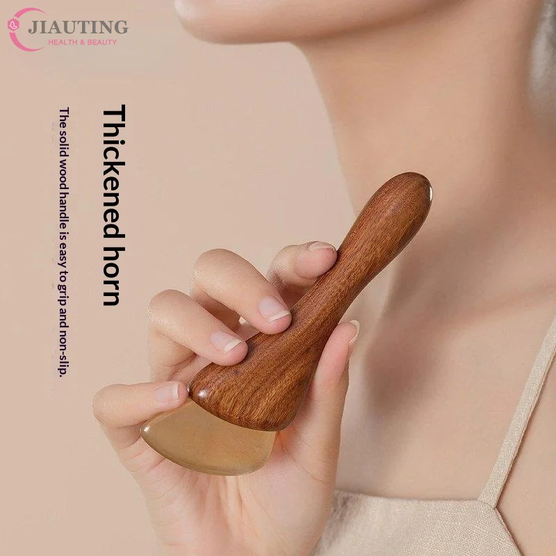 Natural Sheep Horn Gua Sha Tool With Non Slip Wooden Handle Skin Friendly For Facial Massage Home Use