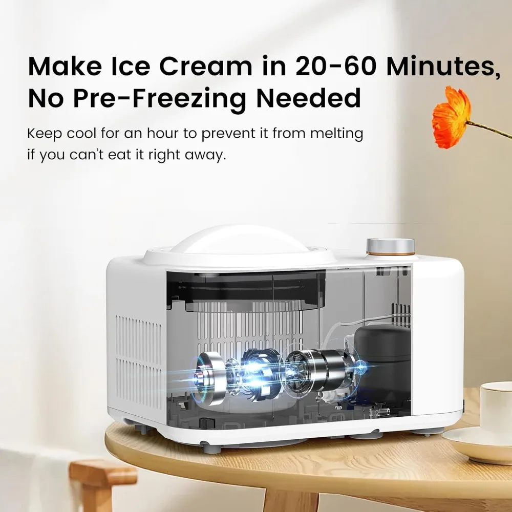 Ice Cream Machine, 1 Quart Built-in Compressor, Fully Automatic No Pre-freezing & 1 Hour Keep-cooling, Ice Cream Maker