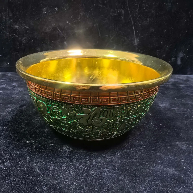Antique-Style Hand-Painted Hundred Blessings Gold Bowl Chinese Style Ornament Metal Craft Office Wealth-Attracting
