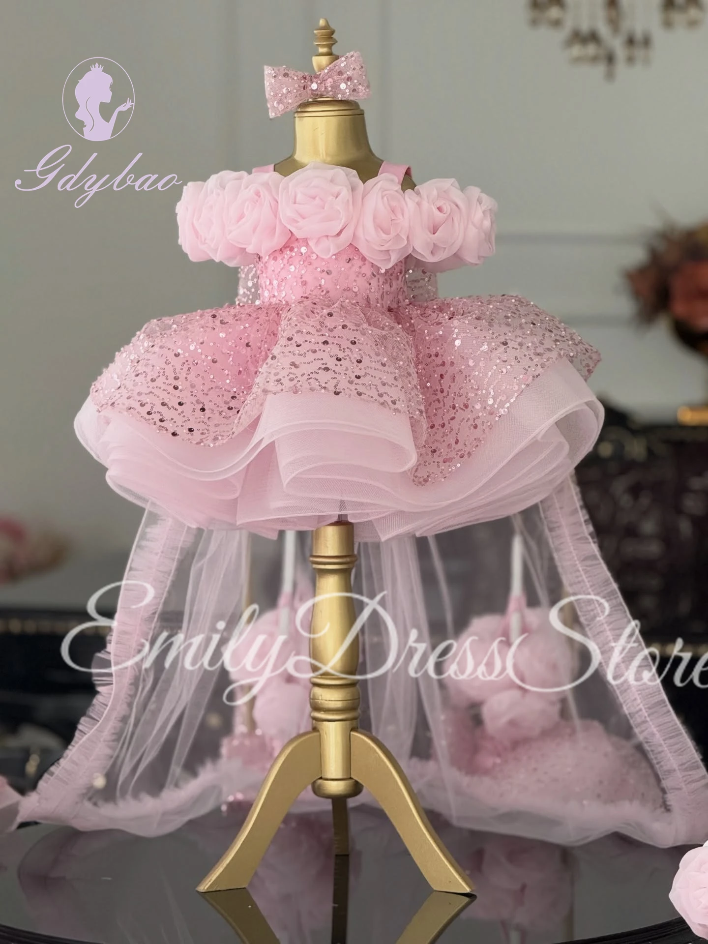Customized Pink Flower Girl Dress For Wedding Knee Length Sequins Puffy Princess Baby Kids Birthday First Communion Ball Gown