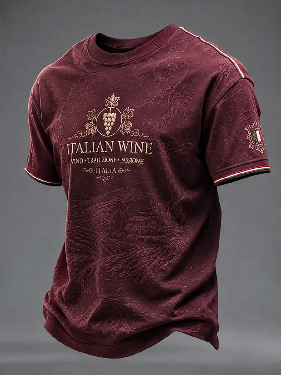 Italian Wine, Vano - Tradition and Passion. T-shirt with Vineyard Landscape Pattern. Italian Flag Emblem. Retro Casual.
