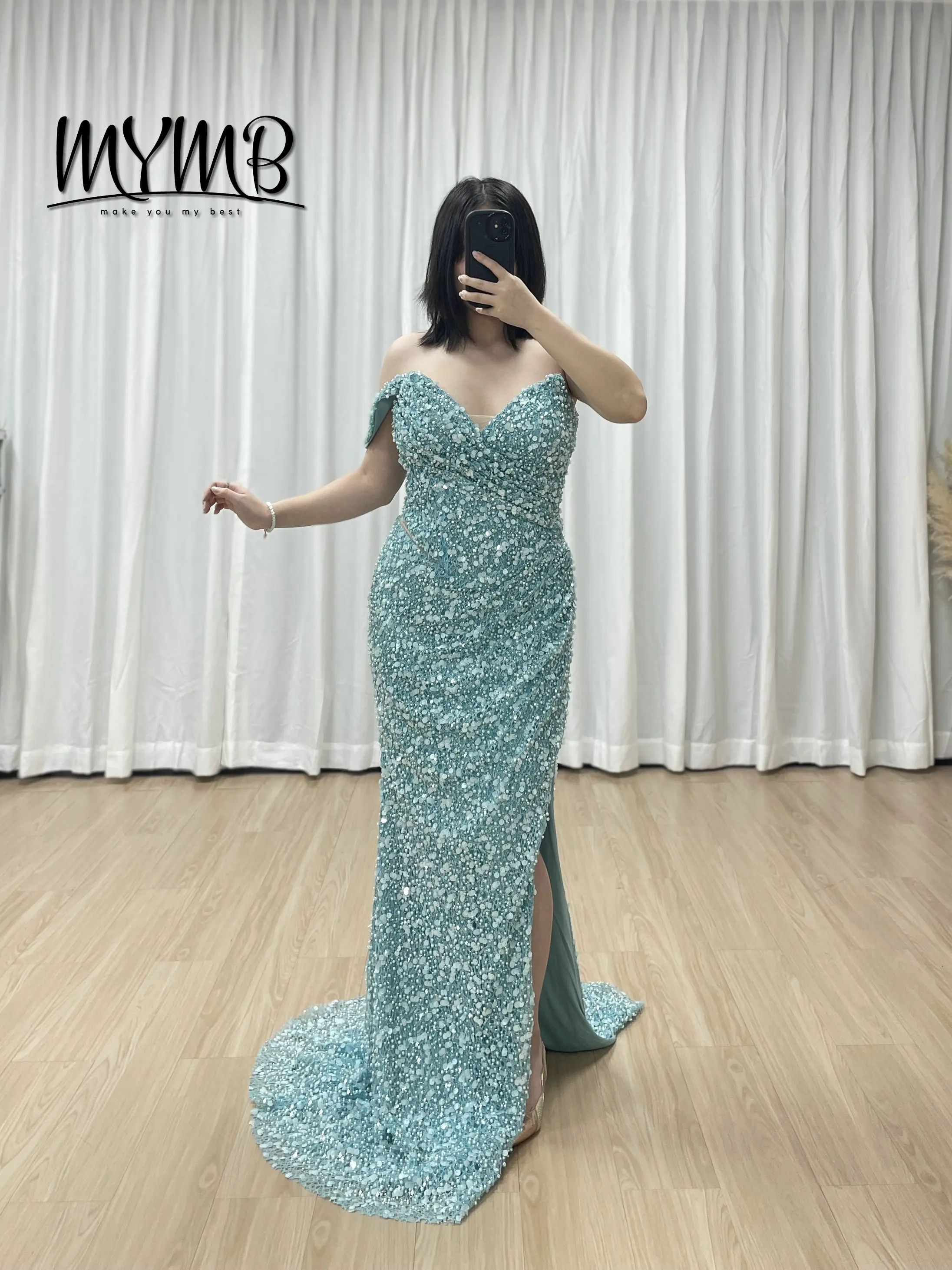 MYMB Elegant Blue Green Mermaid Gowns With High Split Sequin Formal Dresses Ruched Detailing Beading Natural Waistline MY30172