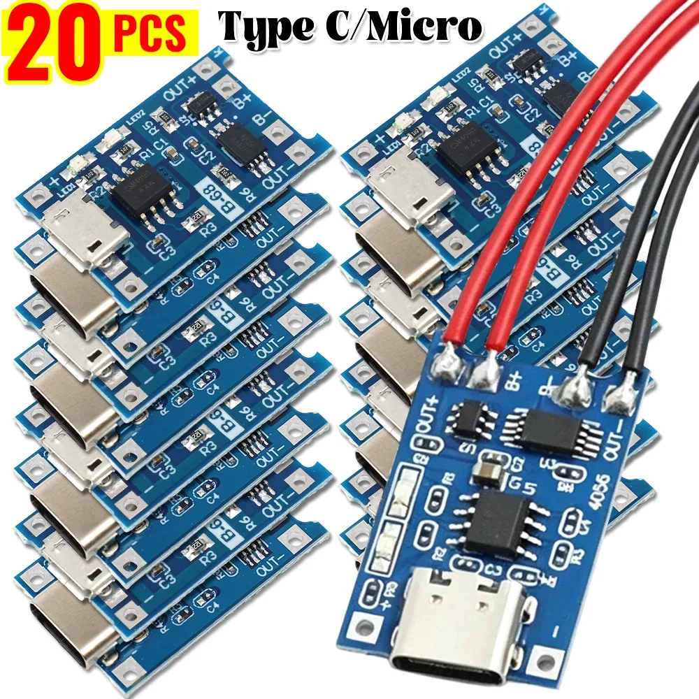 1/10/20pcs Type-C Micro USB 5V 1A 18650 TP4056 Lithium Battery Charger Module Charging Board With Protection Dual Functions 1A