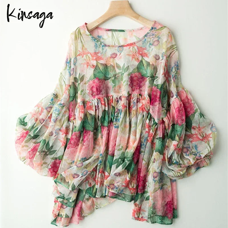 Summer Half Long Raglan Sleeve Floral Print Women Blouse Shirts Oversized Loose A-line Peplum Elegant Woman Chiffion Tops Smock