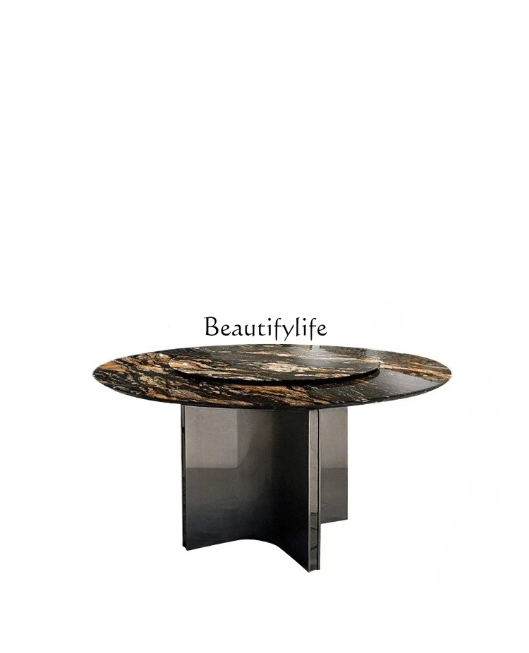 

Natural Luxury Stone Dining Table Italian Style Light Luxury Villa Gold Silk Marble Round Dining Table