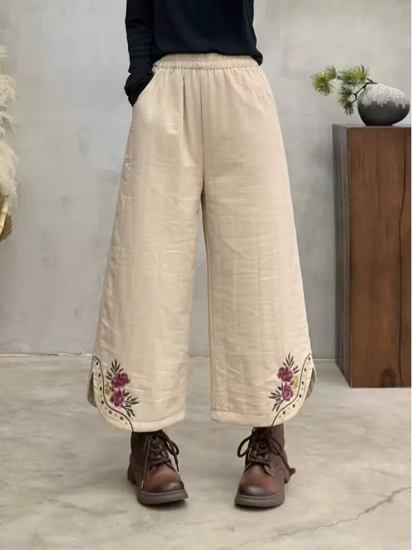 

Ретро-брюки из хлопка и льна с вышивкой, с высокой талией, широкие, повседневные, в этническом стиле, зимняя коллекция, укороченные, из хлопка.