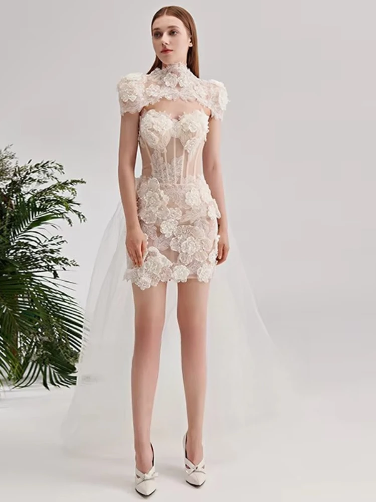 Customized Vintage High Neck 3D Floral Lace Mini Wedding Dress with Detachable Tulle Train Bridal Reception Civil Tea Length