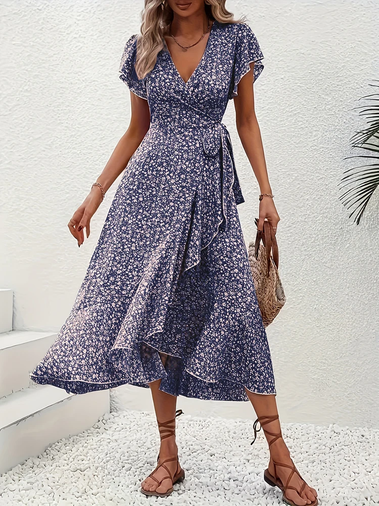 Robe d'été à lacets imprimée pour femmes, robes florales, robes à manches courtes, robes décontractées, robe de vacances, vêtements pour femmes, nouvelle collection